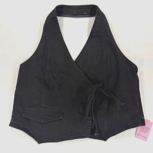 NWT Pretty Little Thing Wrap Front Black Denim Halter Top Waistcoat US 12 NEW